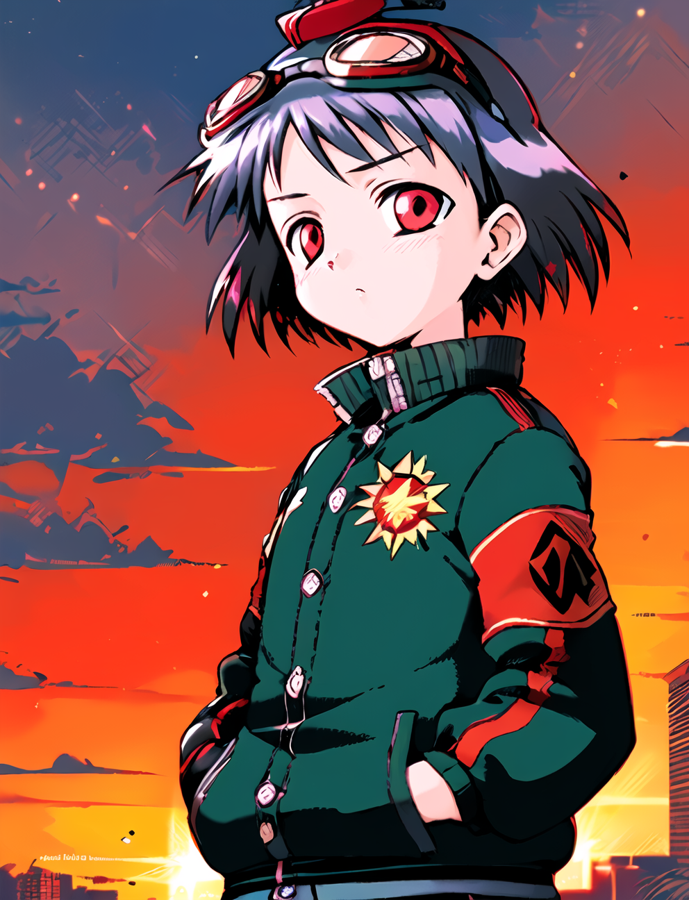 01038-1983064911-solo, chewing gum, 1girl, red eyes, black hair, hands in pockets, goggles, bubble blowing, shameimaru aya, sunburst, english tex.png